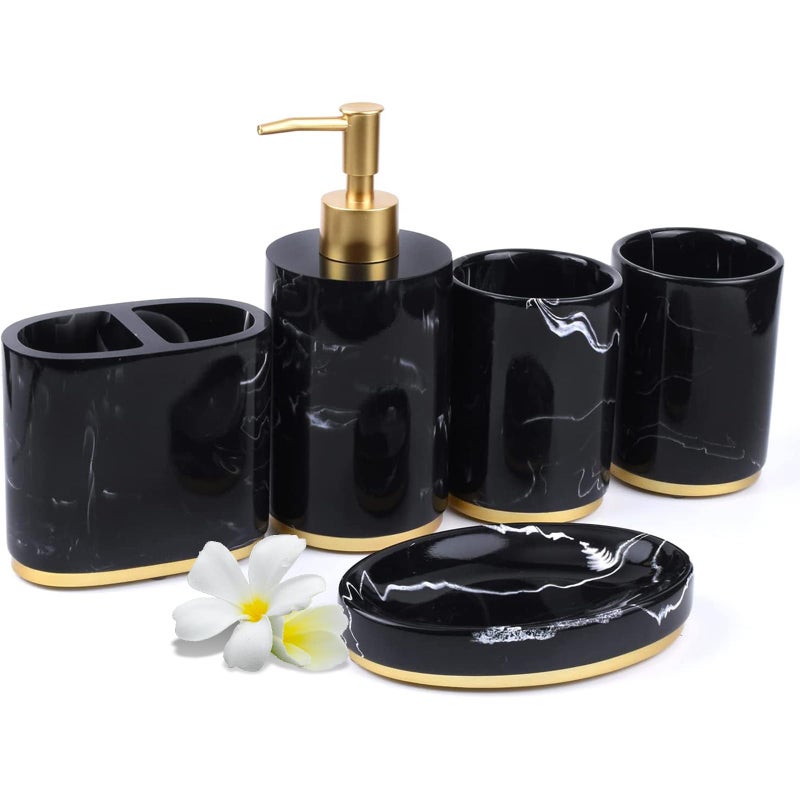 Jung Ford 5-Piece Bathroom Counter Top Accessory Set - Dispenser for Liquid Soap or Lotion, Soap Dish, Toothbrush Holder and 2 Tumblers, Gold Base, Marble Pattern Resin (Black) - Image 1
